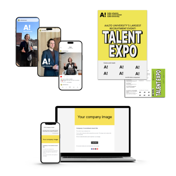 Illustration of the full visibility package: example materials for Talent Expo Instagram, logo and email visibility, including social media posts, an event poster and a recruitment email template.