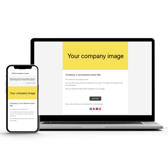 Illustration of the email package: a recruitment email template with a company image is shown on a laptop and phone screen.