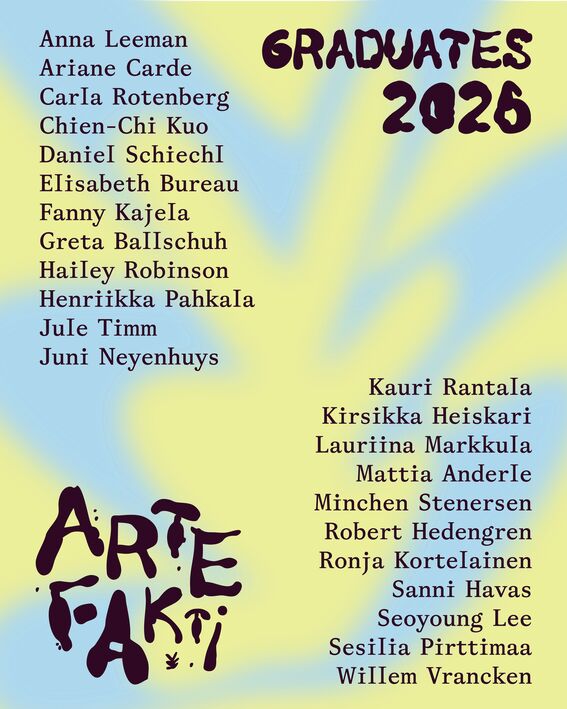 Poster listing graduates 2026, black names on blue and yellow background with Artefakti logo.