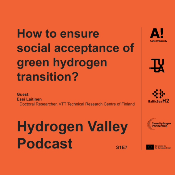 Orange Hydrogen Valley Podcast cover on green hydrogen transition with guest Essi Laitinen and partner logos