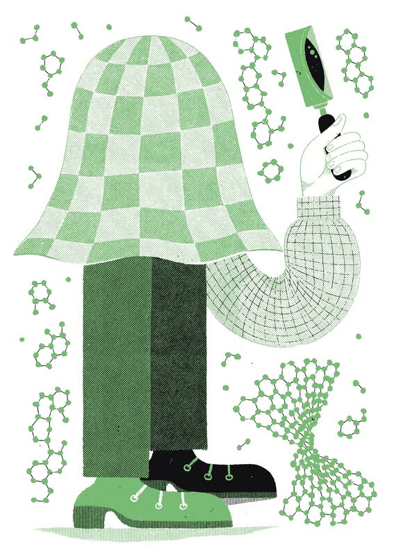 Abstract green figure with checkered cloak and magnifying glass, surrounded by floating molecular shapes