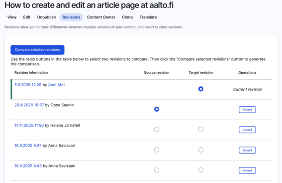 Aalto.fi article page showing a Revisions tab with dated edits, radio buttons and blue Revert buttons.