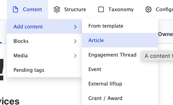 CMS menu with blue highlight on Add content and Article options in dropdown