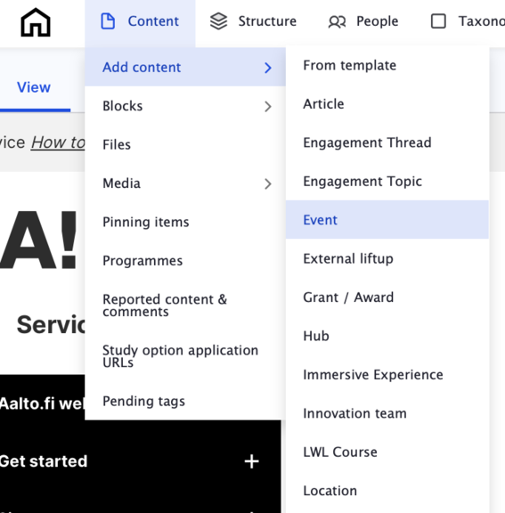 Website CMS menu with blue highlighted Add content and Event options on a white interface