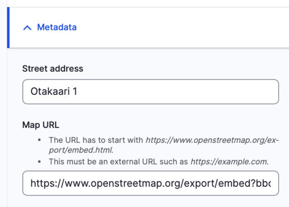 Lomakeosio Metadata, kentät katuosoitteelle Otakaari 1 ja OpenStreetMap-karttaosoitteelle