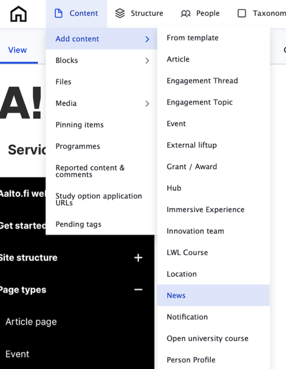CMS menu screenshot showing 'Add content' expanded and 'News' content type highlighted in light blue.