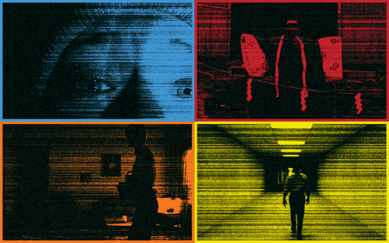 Four grainy coloured panels show people: close-up eyes, person with bags, silhouette indoors, figure in corridor