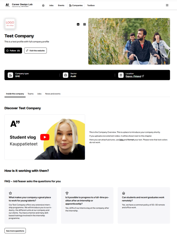 Career portal page for Test Company with banner cyclists, student vlog video and FAQ cards about work life