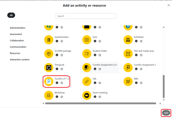 MyCourses activity chooser with Turnitin LTI 1.3 activity and the Add button highlighted.