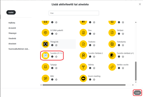 MyCourses-aktiviteettivalitsin, jossa Turnitin LTI 1.3 -aktiviteetti ja Lisää-painike on korostettu.