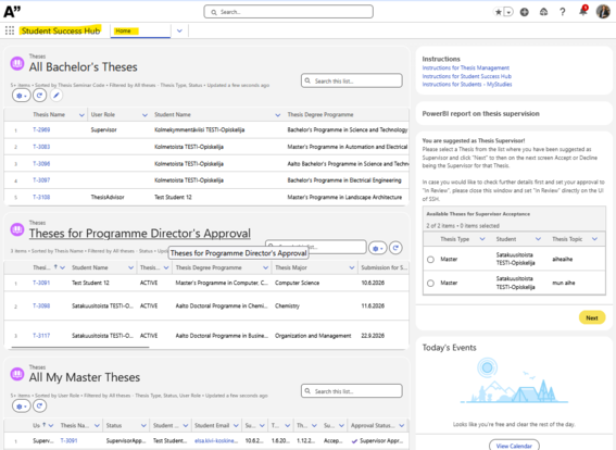SSH Home view for academic staff with lists of advisees by category.