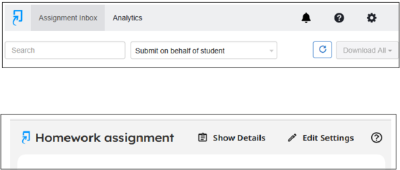 Online interface showing Assignment Inbox and Homework assignment with menu icons