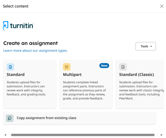 Turnitin assignment setup screen showing Standard, Multipart, and Standard Classic task options. Also, choosing to copy an existing assignment is possible.