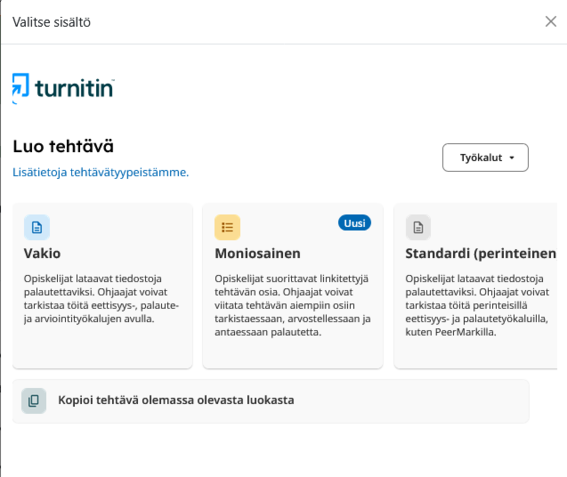 Turnitinin näkymä, jossa luodaan tehtävä ja valitaan kolmesta tehtävätyypistä tai kopioidaan olemassa olevaa tehtävää.