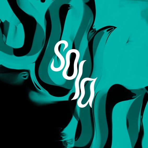 Abstract teal and black waves with stylised white text reading “solo” in the centre