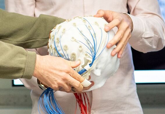 Kaksi henkilöä pitelee valkoista aivomallia, johon on kiinnitetty sinisiä ja punaisia EEG-johtoja