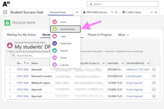 Student Success Hub screen with Doctoral Home menu open and a pink arrow pointing at the dropdown
