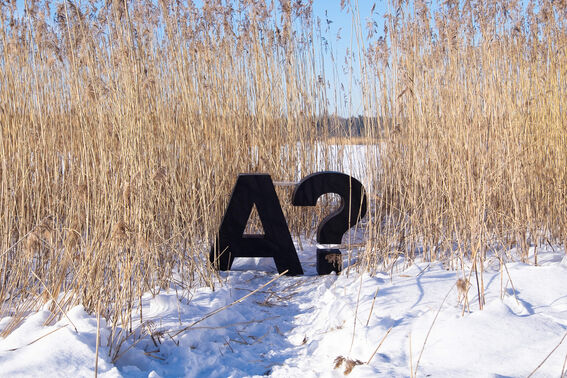 Aalto 3D logo, campus, winter, photo by Anni Kaaria