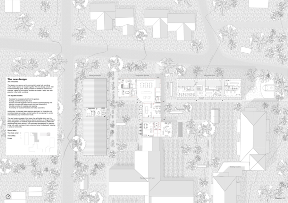 Architectural site plan with text on left. Numerous buildings surrounded by trees and pathways. Interior layouts visible. Picture is in black and white.
