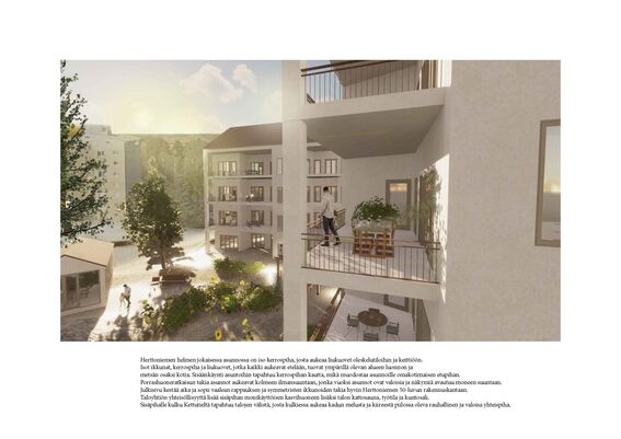 A modern apartment complex with balconies surrounded by greenery. A person stands on a balcony overlooking a lush courtyard.