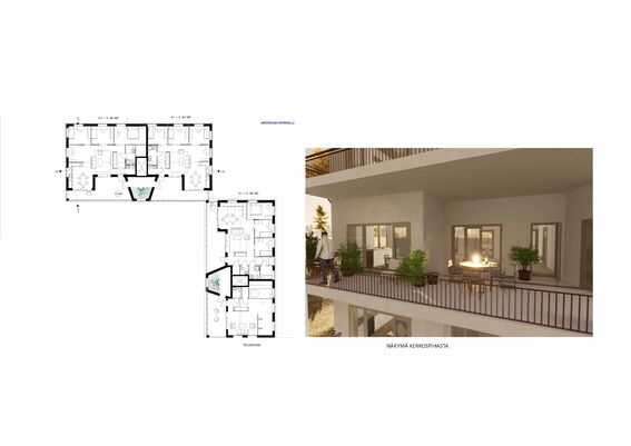The image shows building floor plans and a rendered balcony view with outdoor furniture and plants.