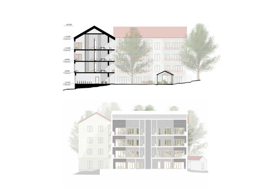 Two section drawings of residential buildings with four floors each. Trees and a small building in the background.