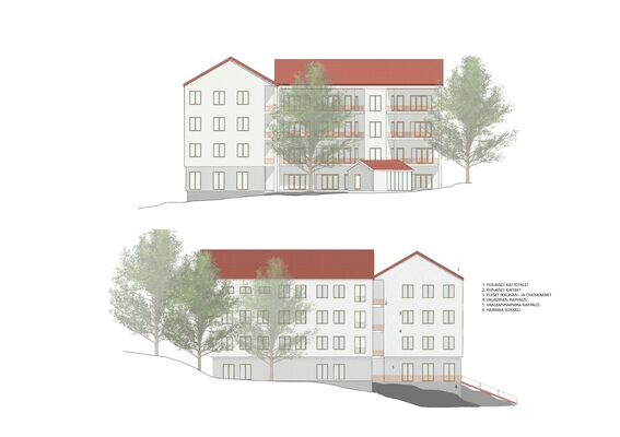 Elevations of a multi-storey building with red roofs, surrounded by trees.