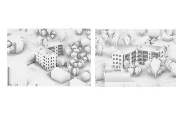 Two white 3D-rendered buildings with balconies, surrounded by trees. Pictures from both sides of the buildings.