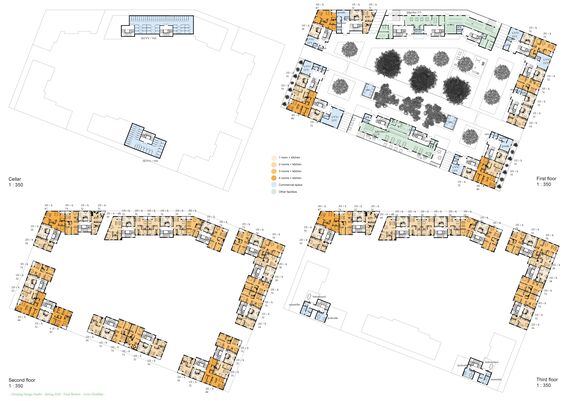 Building floor plans showing cellar, first, second, and third floors with different residential units, commercial space, and facilities.