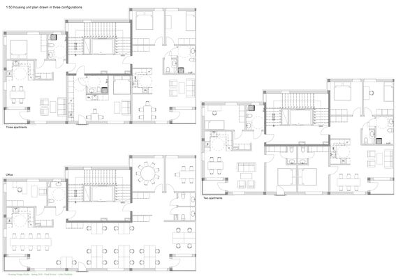 Floor plan shows three configurations: three apartments, office, and two apartments. Detailed with rooms and furniture.