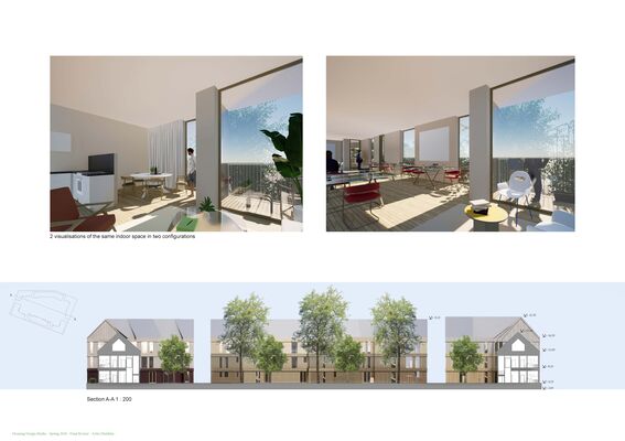 Two indoor visualisations of a modern room, below is a cross-section of a building with trees outside