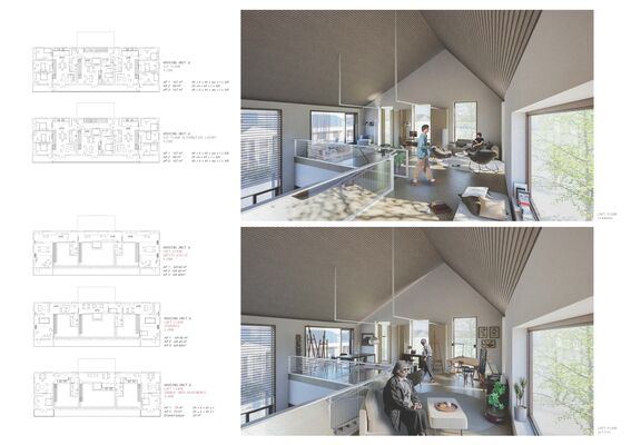 Two renderings of modern loft interior with large windows, featuring modern furniture and people walking and relaxing, along with floorplans on the left side.