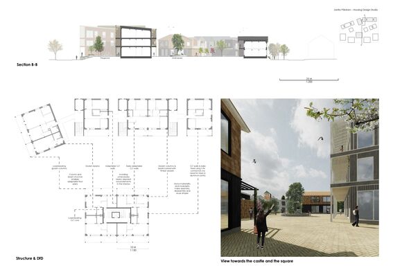 Architectural plan with building section B-B, floor layouts with information about structures and DfD, and an exterior view towards the castle, featuring buildings, people and trees in a square.