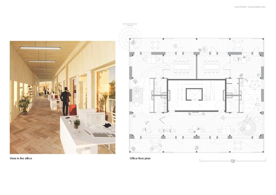 View of the office with wooden flooring and large windows; floor plan showing the layout of the office with furniture.
