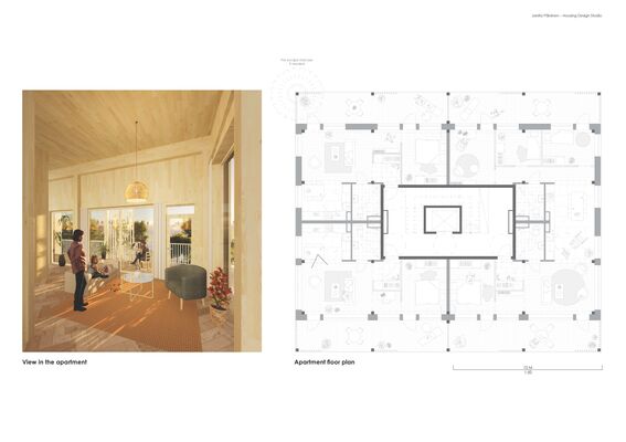 Image shows a cosy apartment interior with wooden walls and a group of people. Next to it is a detailed apartment floor plan.