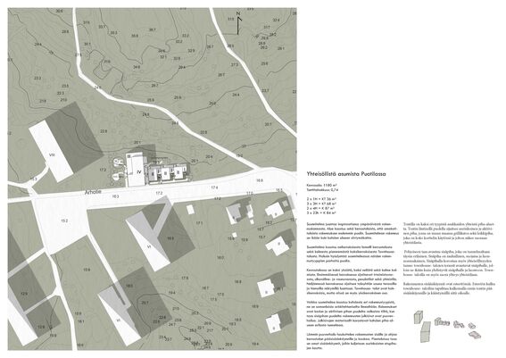 A map showing residential plans for Puotila. Annotated with buildings, streets, and elevation contours. On the right, a block of text. Colors are green, white and black.