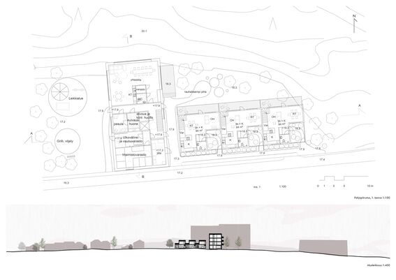 Architectural site plan with building layouts, outdoor areas, and side elevation of residential complex in a landscaped area.