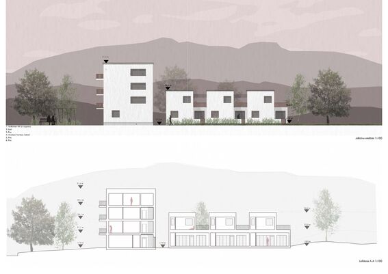 Architectural elevation and section of a residential area with hills on a background, featuring trees and modern buildings. The elevation is in shades of purple. 