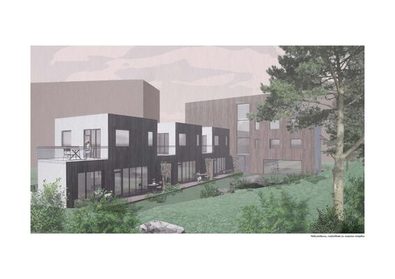 Modern residential buildings with large windows, surrounded by greenery and trees, under a pastel pink sky.