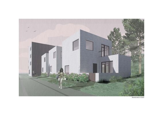 Modern, two-storey white brick house with large windows and bushes in front. Background features more houses and trees. Under pink cloudy sky. 