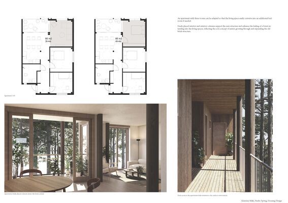 A layout with floor plans above and images of an apartment with large windows, wooden details and a forest view. Picture on the right shows a wooden deck access to apartments and the view to outdoor spaces.