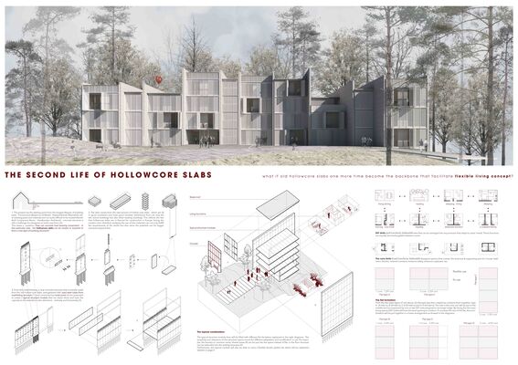 Poster showing architectural designs and diagrams for a modular building made from hollowcore slabs. Trees are visible in the background.