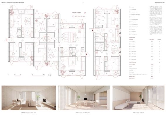 Floor plan drawing with furniture layout and three photos showing interiors with dining and living areas and a large bedroom in neutral colors.