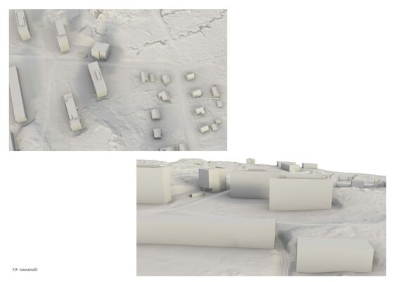 3D model of a terrain with several buildings and roads. The model is rendered in shades of white and grey.