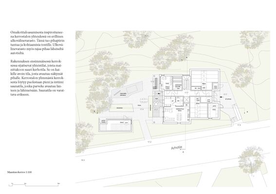 Architectural floor plan of a residential building surrounded by trees. Rooms are labelled, and paths lead to entrances. Picture is in shades of green.