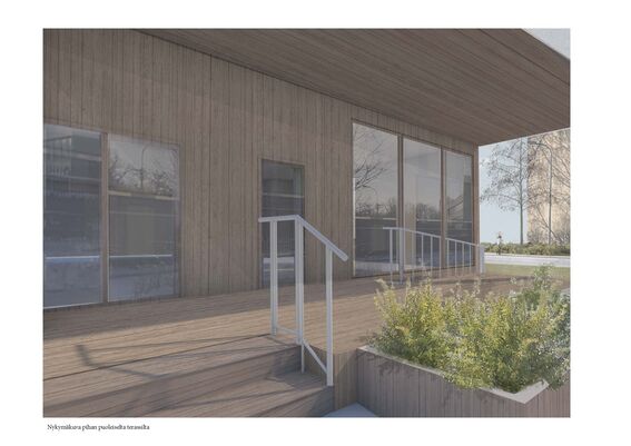 A wooden terrace with large glass windows, metal railings, and plants in a planter box. Trees and buildings are visible outside.