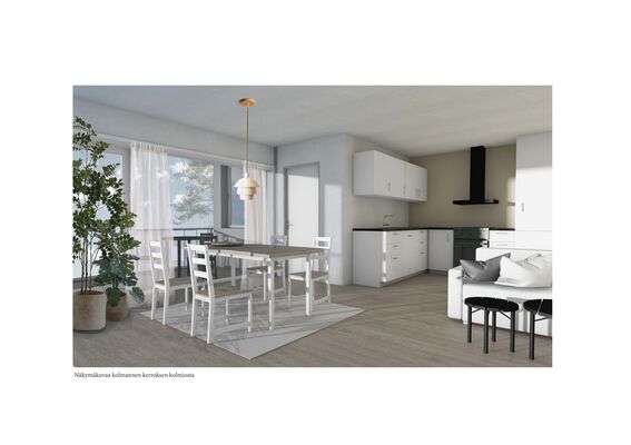 A modern open-plan kitchen and dining area with white furniture and large windows. A potted plant is next to the dining table.