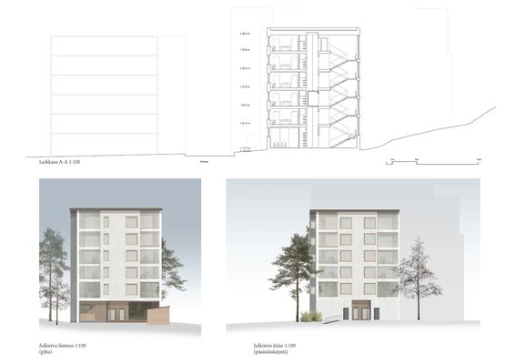 Building architectural drawings showing front and side elevations and a sectional view, with trees included for scale.