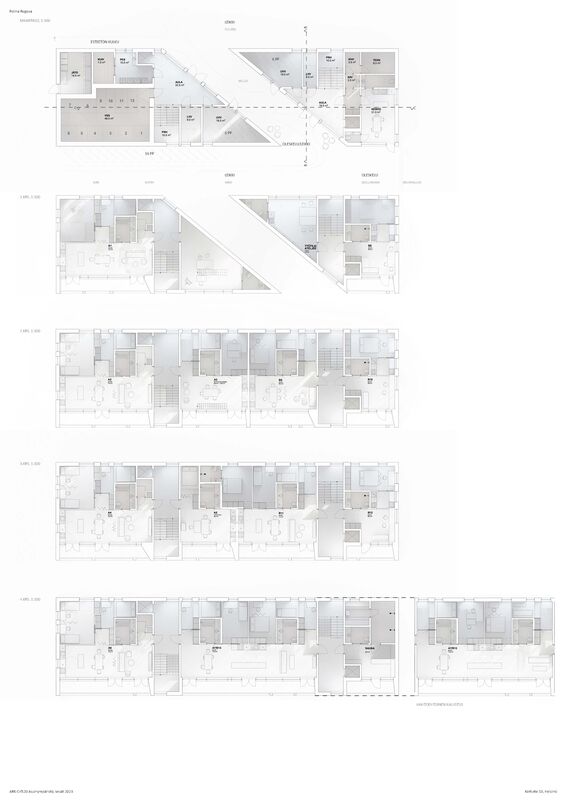 Architectural floor plans for a multi-storey building, for each floors. Each level shows arrangements of rooms and spaces in detail.