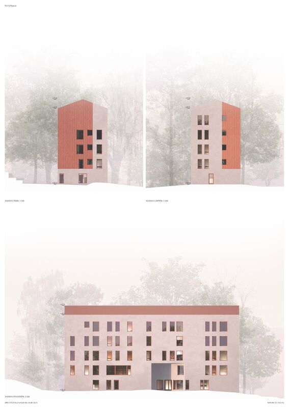Three architectural elevation drawings of a multi-storey building with varied window sizes and a red roof.